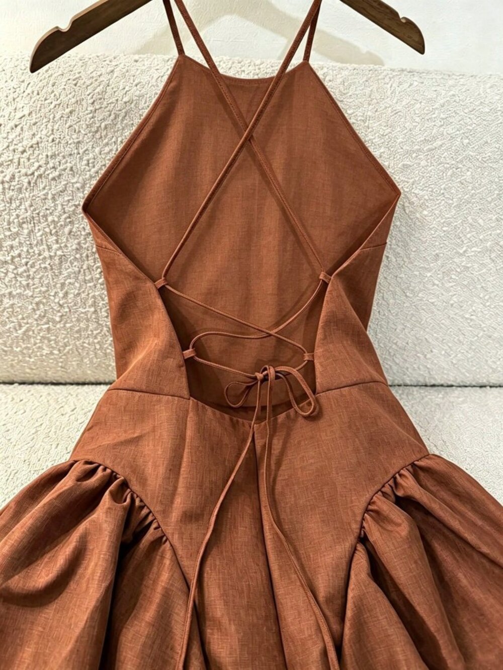 Coffee Brown Sexy Women's Two-Sided Ruched Open Back Wrap Tie Midi Dress - Picture 5 of 5